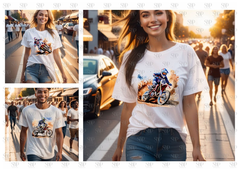 May include: White t-shirt with a watercolor illustration of a motocross rider on a dirt bike. The rider is wearing a blue and red helmet and jersey.