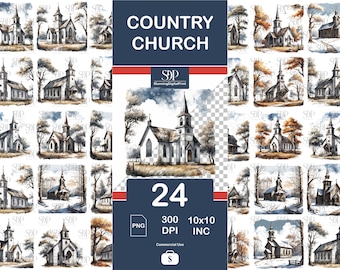 Rustic Country Church PNG Bundle: Watercolor Clip Art (Digital Download)