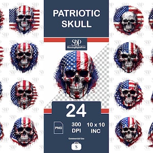 24 Patriotic Skull Png Bundle,High Quality Png, Skull Transparent Png,Skull Clipart,Skull Sublimation,Patriotic Skull Png,Commercial Use