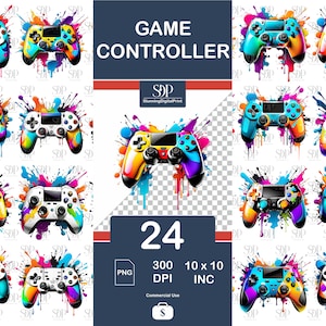 May include: 24 digital illustrations of a colorful game controller with paint splatters. The game controller is a popular gaming device. The illustrations are perfect for creating unique designs for t-shirts, mugs, phone cases, and other products.