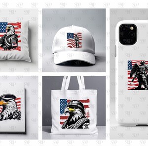 May include: A set of five different products featuring a patriotic design with an eagle, a soldier, and an American flag. The products include a pillow, a baseball cap, a tote bag, a phone case, and a notebook.