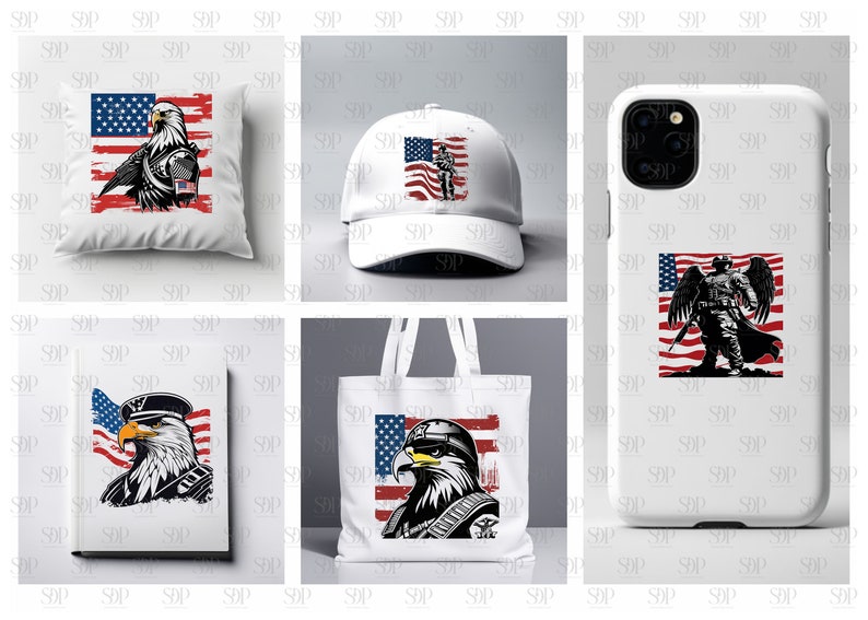 May include: A set of five different products featuring a patriotic design with an eagle, a soldier, and an American flag. The products include a pillow, a baseball cap, a tote bag, a phone case, and a notebook.