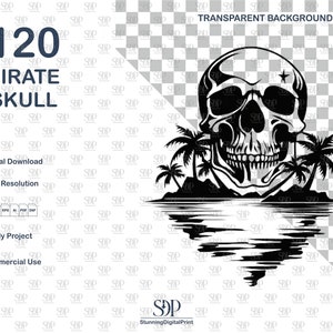 Peut inclure: Illustration en noir et blanc d'un cr&acirc;ne de pirate avec des palmiers et un reflet dans l'eau. Le cr&acirc;ne a une &eacute;toile sur le front et un sourire narquois.