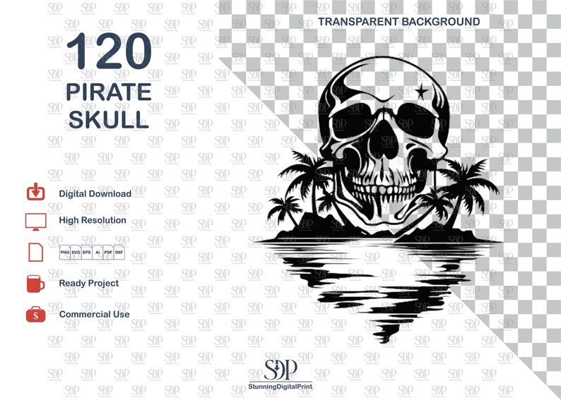 Peut inclure: Illustration en noir et blanc d'un cr&acirc;ne de pirate avec des palmiers et un reflet dans l'eau. Le cr&acirc;ne a une &eacute;toile sur le front et un sourire narquois.