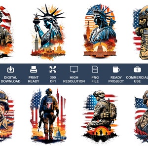 Op de afbeelding: Een digitale illustratie van een veteraan in militair uniform die voor een Amerikaanse vlag staat. De veteraan draagt een helm en houdt een geweer vast. De vlag wappert in de wind. De achtergrond is een aquarel in rood, wit en blauw.