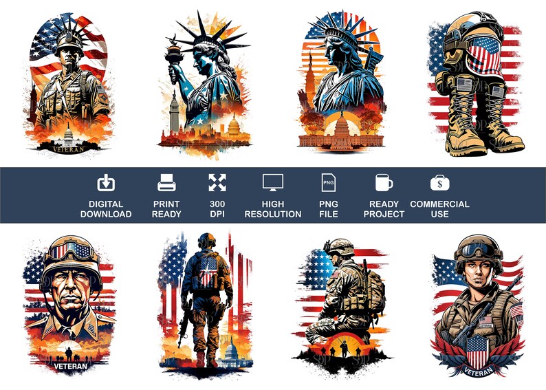 Op de afbeelding: Een digitale illustratie van een veteraan in militair uniform die voor een Amerikaanse vlag staat. De veteraan draagt een helm en houdt een geweer vast. De vlag wappert in de wind. De achtergrond is een aquarel in rood, wit en blauw.