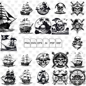 Peut inclure: Une collection de 25 illustrations vectorielles en noir et blanc de navires pirates, de cr&acirc;nes et d'os crois&eacute;s. Les illustrations sont dans une vari&eacute;t&eacute; de styles, y compris le dessin anim&eacute;, le r&eacute;aliste et le stylis&eacute;. Les illustrations sont parfaites pour une utilisation dans des projets num&eacute;riques et imprim&eacute;s.
