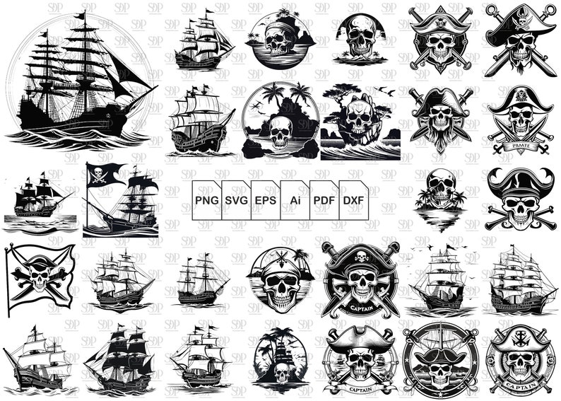 Peut inclure: Une collection de 25 illustrations vectorielles en noir et blanc de navires pirates, de cr&acirc;nes et d'os crois&eacute;s. Les illustrations sont dans une vari&eacute;t&eacute; de styles, y compris le dessin anim&eacute;, le r&eacute;aliste et le stylis&eacute;. Les illustrations sont parfaites pour une utilisation dans des projets num&eacute;riques et imprim&eacute;s.