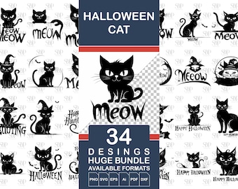 Pode incluir: Um download digital de 34 designs de gatos de Halloween em preto e branco. Os designs incluem gatos em várias poses, incluindo sentados, em pé e andando. Alguns designs apresentam um chapéu de bruxa, uma lua e a palavra "miau". O texto "Halloween Cat" e "34 Designs Huge Bundle" também estão incluídos na imagem.