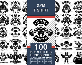Gym T-Shirt Designs Bundle, Bodybuilding Vector Clipart (svg, png, eps, ai, pdf, dxf)