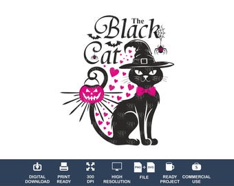 Halloween Black Cat SVG: Witch Hat, Bats, Spider (Digital Download)