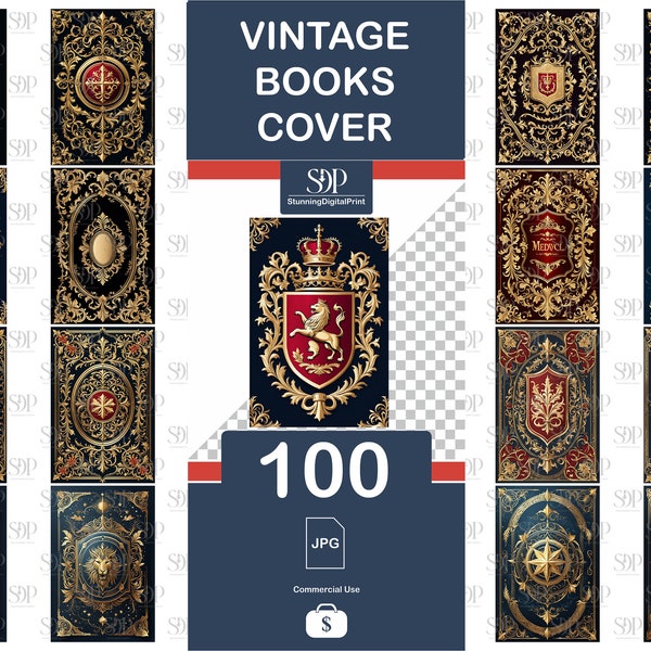 100 Ornate Book Covers, Vintage Clipart Bundle, Vintage Book, Vintage Books Cover ,Vintage Old Book Cover, Cover Png,Commercial Use