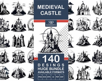 140 Castle Svg , Castle Vector File,Medieval Castle Print,Silhouette Castle,Castle DXF, Castle Print,Medieval Castle Svg,Commercial Use