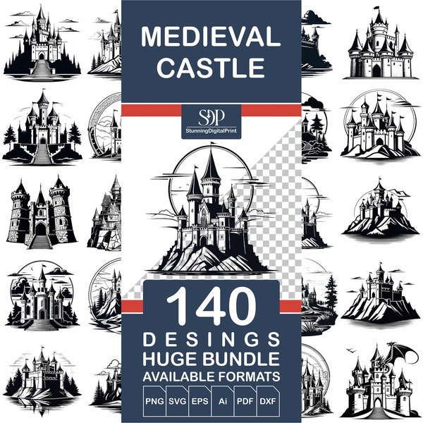 140 Castle Svg , Castle Vector File,Medieval Castle Print,Silhouette Castle,Castle DXF, Castle Print,Medieval Castle Svg,Commercial Use
