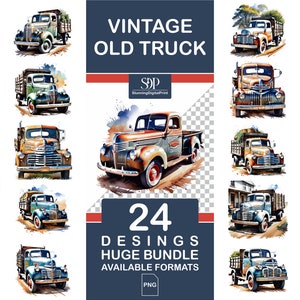 24 Watercolor Old Truck,Watercolor Pickup Truck PNG,Old Trucks Clipart,Vitage Old Turck,Digital Vintage Pickup Truck,Download,Commercial Use