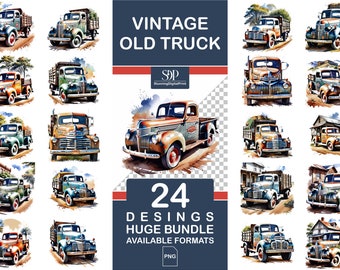 24 Watercolor Old Truck,Watercolor Pickup Truck PNG,Old Trucks Clipart,Vitage Old Turck,Digital Vintage Pickup Truck,Download,Commercial Use