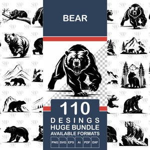Puede incluir: Un conjunto de 110 ilustraciones de osos en blanco y negro en varias poses, incluyendo de pie, caminando, sentado y durmiendo. Las ilustraciones son perfectas para usar en manualidades, scrapbooking y otros proyectos creativos. El texto "BEAR" y "110 DESINGS HUGE BUNDLE AVAILABLE FORMATS PNG SVG EPS Ai PDF DXF" está incluido en la imagen.
