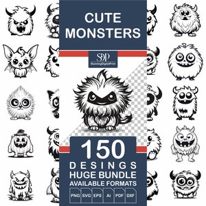 Lot de 150 monstres SVG mignons, fichier vectoriel, ensemble Svg de monstres, Silhouette de monstre, fichier coupé monstre, impressions monstre, chemise monstre, usage commercial