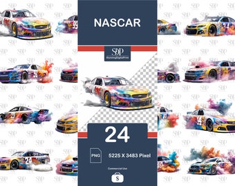 Bundel met 24 PNG-afbeeldingen van NASCAR-auto's, sublimatieclipart, voor commercieel gebruik (digitale download)