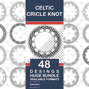Puede incluir: Un conjunto de 48 diseños de nudos circulares celtas en blanco y negro. Los diseños son de varios estilos y tamaños, y son perfectos para usar en manualidades, scrapbooking y otros proyectos creativos. El texto en la imagen dice "48 DESINGS HUGE BUNDLE AVAILABLE FORMATS PNG SVG CELTIC CRICLE KNOT".