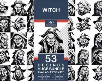 53 Witch Face Silhouette SVG Bundle, Commercial Use Graphics