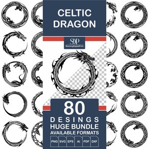 Paquete de 80 SVG de dragón, círculo celta, dragón celta SVG, archivo vectorial, círculo de dragón SVG, tatuajes de dragón celta, círculo de dragón, uso comercial