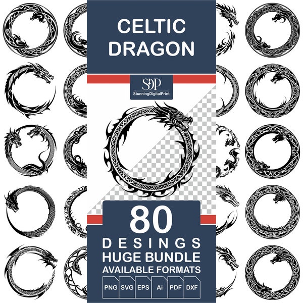 Lot de 80 dragons SVG, cercle celtique, Svg de dragon celtique, fichier vectoriel, Svg de cercle de dragon, tatouages de Dragon celtique, cercle de dragon, usage commercial