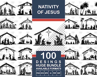 Nativity SVG Bundle, Jesus Birth Silhouette Designs (100 Files)