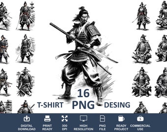 16 samurai png-bundel, hoge kwaliteit png, transparante png, samurai clipart, samurai print, samurai png voor shirts, samurai kunst, commercieel gebruik