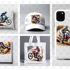May include: A set of white products featuring a watercolor illustration of a motocross rider in action. The set includes a pillow, a baseball cap, a tote bag, and a phone case.