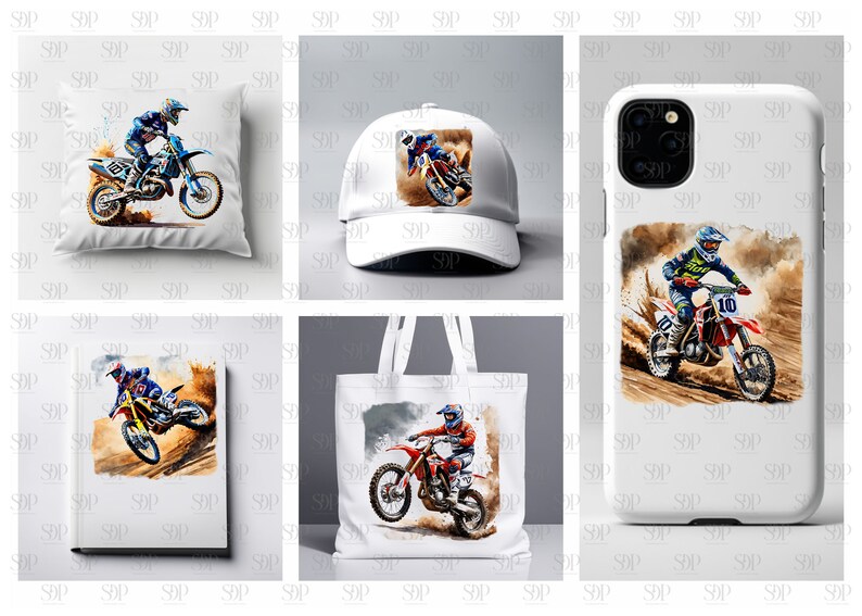 May include: A set of white products featuring a watercolor illustration of a motocross rider in action. The set includes a pillow, a baseball cap, a tote bag, and a phone case.