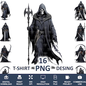 May include: A set of 16 digital illustrations of a hooded figure with a skull face holding various weapons, including a scythe, sword, and a spear. The illustrations are in black and white and are suitable for t-shirt designs.