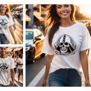Peut inclure: T-shirt blanc avec un motif noir et blanc d'un cr&acirc;ne portant un chapeau de pirate et tenant des &eacute;p&eacute;es crois&eacute;es.