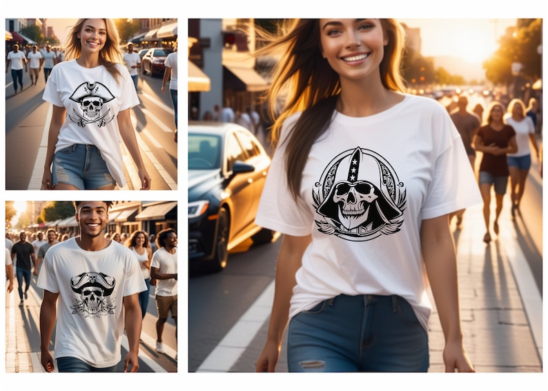 Peut inclure: T-shirt blanc avec un motif noir et blanc d'un cr&acirc;ne portant un chapeau de pirate et tenant des &eacute;p&eacute;es crois&eacute;es.