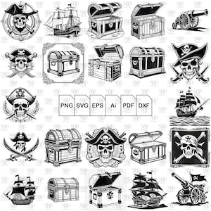 Peut inclure: Un ensemble de 25 images clipart num&eacute;riques sur le th&egrave;me des pirates en noir et blanc. Les images comprennent des cr&acirc;nes, des coffres au tr&eacute;sor, des canons, des navires et des &eacute;p&eacute;es. PNG SVG EPS Ai PDF DXF.