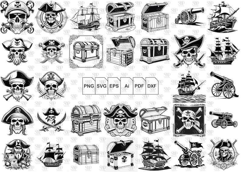 Peut inclure: Un ensemble de 25 images clipart num&eacute;riques sur le th&egrave;me des pirates en noir et blanc. Les images comprennent des cr&acirc;nes, des coffres au tr&eacute;sor, des canons, des navires et des &eacute;p&eacute;es. PNG SVG EPS Ai PDF DXF.