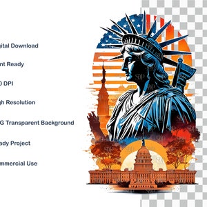 Op de afbeelding: Een digitale illustratie van het Vrijheidsbeeld met de Amerikaanse vlag op de achtergrond. Het Vrijheidsbeeld staat voor het Capitoolgebouw. De afbeelding is geplaatst tegen een zonsondergangachtergrond met bomen en een zon.