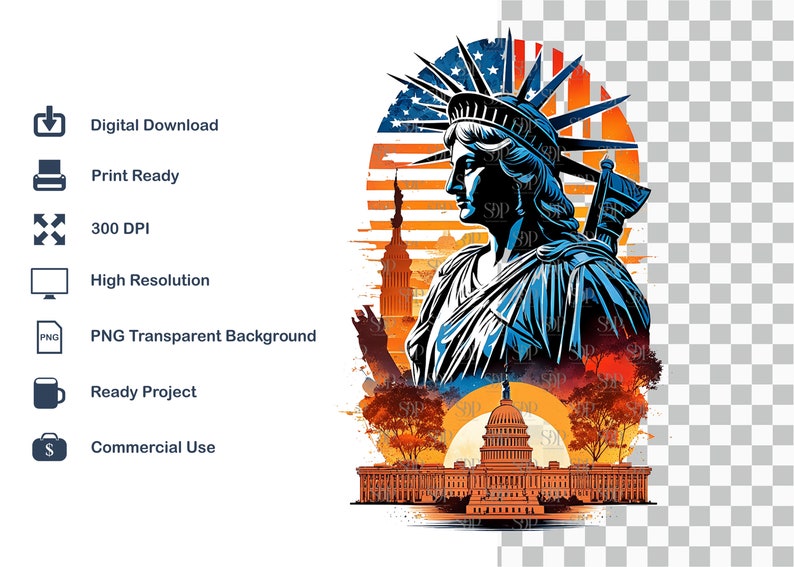 Op de afbeelding: Een digitale illustratie van het Vrijheidsbeeld met de Amerikaanse vlag op de achtergrond. Het Vrijheidsbeeld staat voor het Capitoolgebouw. De afbeelding is geplaatst tegen een zonsondergangachtergrond met bomen en een zon.