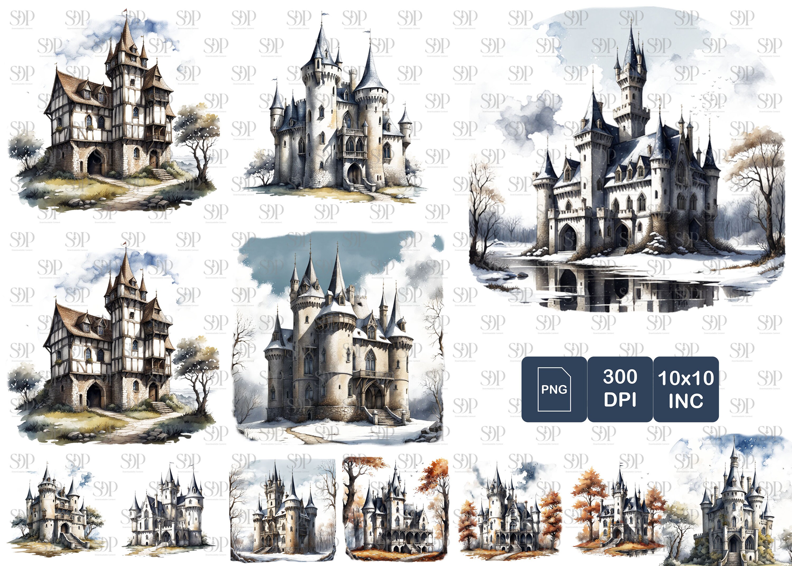 24 Medieval Castle Png Bundle,high Quality Png,watercolor Medieval ...