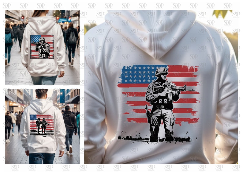 May include: White hooded sweatshirt with a graphic print of a soldier standing in front of an American flag. The soldier is holding a rifle and is wearing a helmet.
