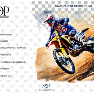 May include: A watercolor illustration of a motocross rider in blue and yellow gear, jumping a dirt ramp. The rider is wearing a helmet and goggles. The background is a watercolor wash of brown and orange.