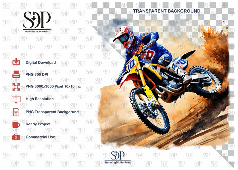 May include: A watercolor illustration of a motocross rider in blue and yellow gear, jumping a dirt ramp. The rider is wearing a helmet and goggles. The background is a watercolor wash of brown and orange.