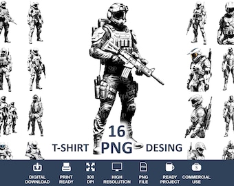 16 futuristische krijger PNG-clipartbundel: militaire print (commercieel gebruik)