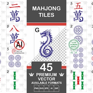 麻雀牌のSVGクリップアートバンドル、手描きベクターセット（デジタルダウンロード）
