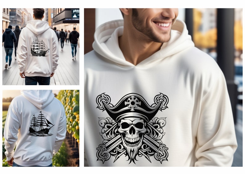 Peut inclure: Sweat-shirt blanc avec deux designs diff&eacute;rents. Un design pr&eacute;sente une illustration en noir et blanc d'un cr&acirc;ne de pirate avec des &eacute;p&eacute;es crois&eacute;es et un chapeau de pirate. L'autre design pr&eacute;sente une illustration en noir et blanc d'un navire &agrave; voile.