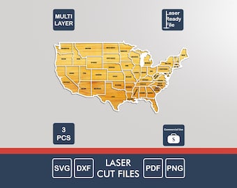 USA Map Laser Cut File, United States Travel Map, Multi-Layer Design (Commercial Use)