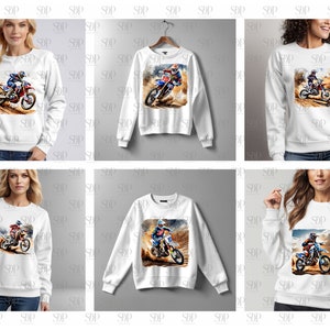 May include: White sweatshirt with a graphic print of a motocross rider on a dirt bike. The rider is wearing a red, white, and blue racing suit. The background is a watercolor-style landscape of dirt and sky.