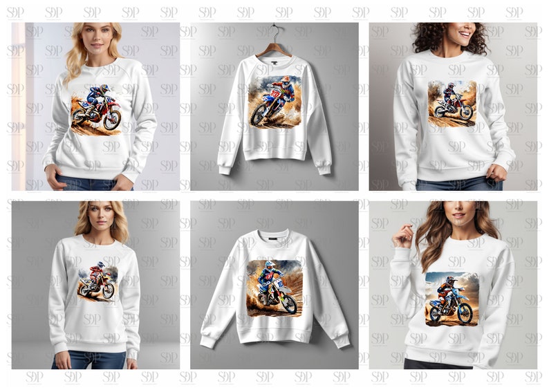 May include: White sweatshirt with a graphic print of a motocross rider on a dirt bike. The rider is wearing a red, white, and blue racing suit. The background is a watercolor-style landscape of dirt and sky.