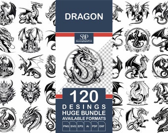 120 Dragon SVG BUNDLE, Vector File, Dragon Cricut, Vector Dragon, Cute Dragon, Retro Dragon,  Silhouette Dragon, Dragon Svg,Commercial Use,