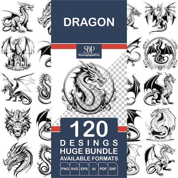 120 Dragon SVG BUNDLE, Vector File, Dragon Cricut, Vector Dragon, Cute Dragon, Retro Dragon,  Silhouette Dragon, Dragon Svg,Commercial Use,